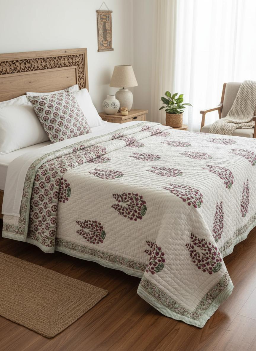 Handcrafted Floral Block Print Cotton Quilt